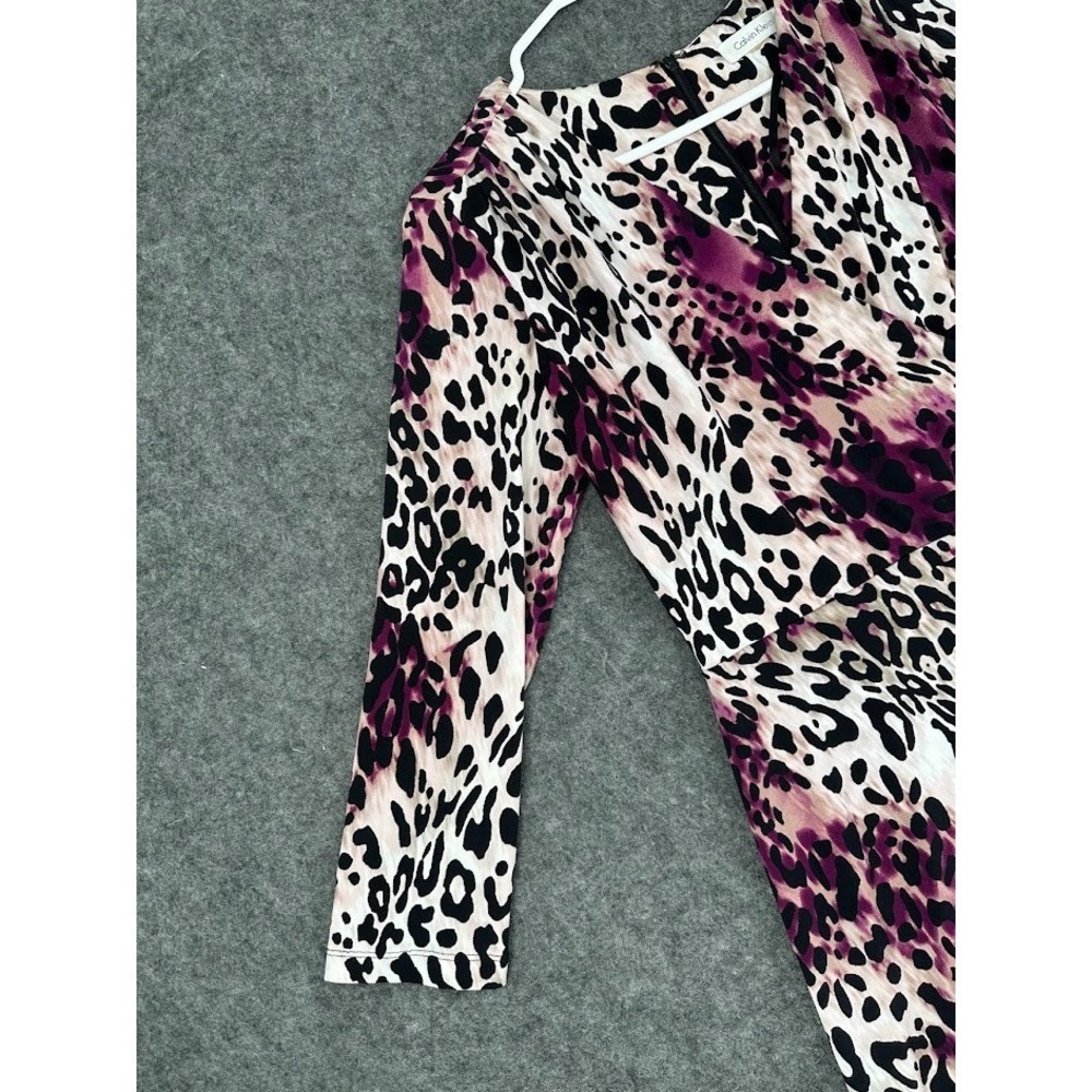 Calvin Klein Leopard Print Dress Women M Wrap Style Purple Black Knee Length - Picture 5 of 13